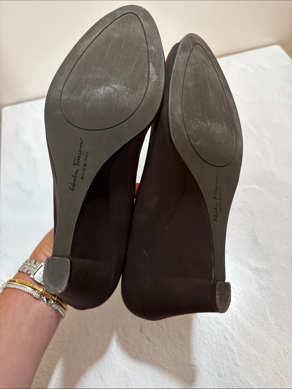 Salvatore Ferragamo Peep-Toe Brown Matte Silk Wedge Heels 10 - Picture 7 of 8